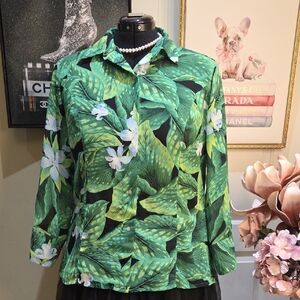 Nwot 18 Laura Scott Green Tropical Leaf Button-Down Shirt 3/4 Sleeve